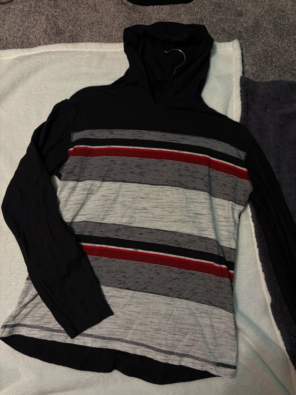Men's Black & Gray Hooded Long Sleeve Shirt with Red Stripe